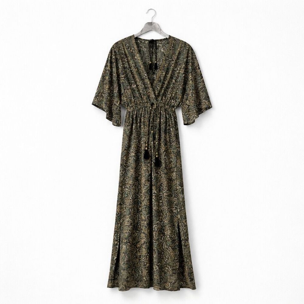 Silk Paisley Kimono Sleeve Maxi Dress Green Coastal Boho V-Neck Slit M/L